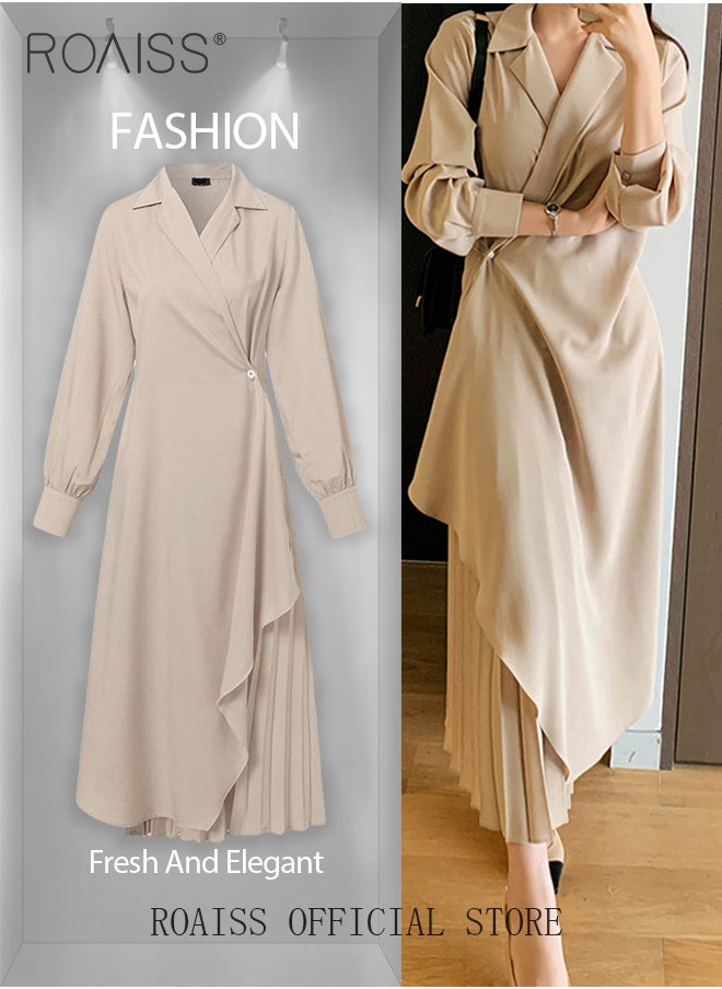 Ladies Tunic Dress Solid Color Formal Elegant Asymmetrical Pleated Design High Waiste Dress Vintage V-Neck Lapel Long Suit Ankle Length Dress for Women Casual Ramadan Beige - https://f.nooncdn.com/p/pzsku/ZCA102B40A8B0E7C48F74Z/45/1741077550/070f310a-3830-43c5-b67b-8ab315611bae.jpg?format=jpg&width=original