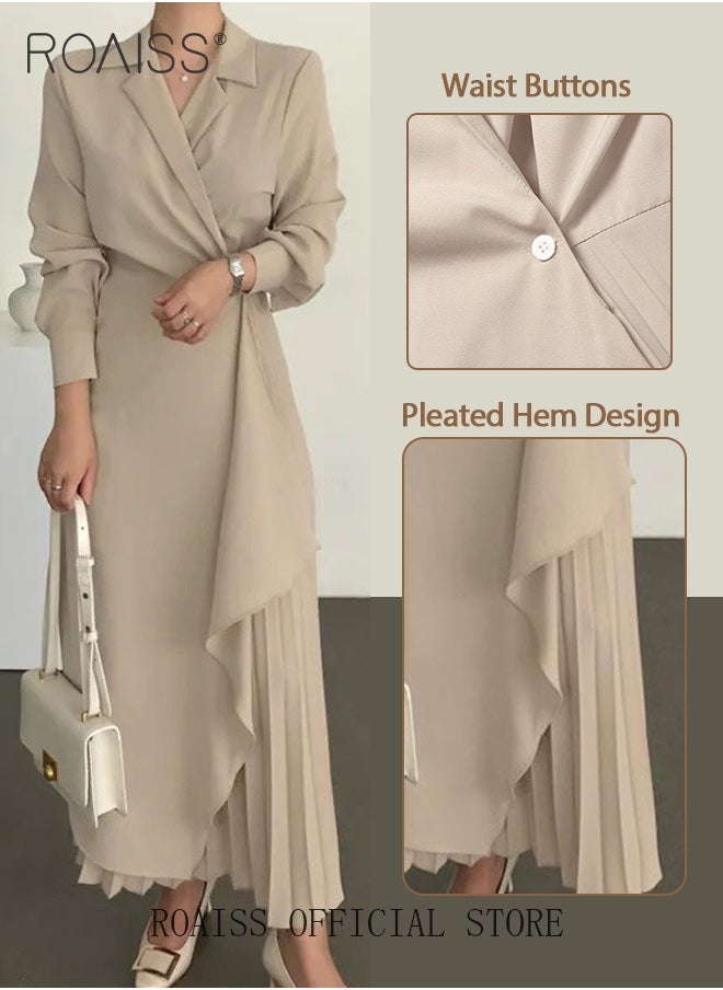 Ladies Tunic Dress Solid Color Formal Elegant Asymmetrical Pleated Design High Waiste Dress Vintage V-Neck Lapel Long Suit Ankle Length Dress for Women Casual Ramadan Beige - https://f.nooncdn.com/p/pzsku/ZCA102B40A8B0E7C48F74Z/45/1741077550/5d98015b-7f54-47f7-87d8-62d87253751c.jpg?format=jpg&width=original