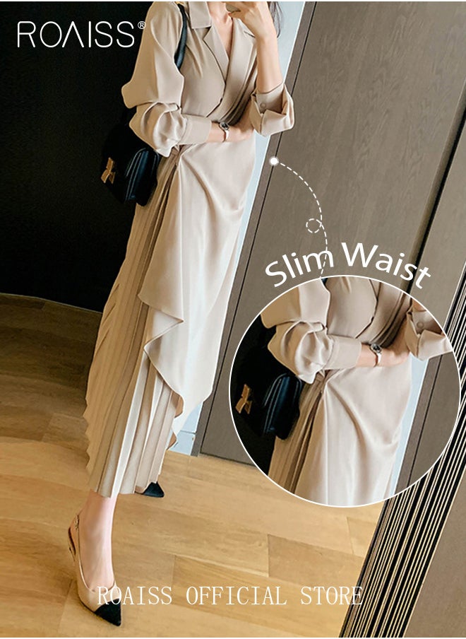 Ladies Tunic Dress Solid Color Formal Elegant Asymmetrical Pleated Design High Waiste Dress Vintage V-Neck Lapel Long Suit Ankle Length Dress for Women Casual Ramadan Beige - https://f.nooncdn.com/p/pzsku/ZCA102B40A8B0E7C48F74Z/45/1741077550/6bde0d65-0190-4190-bd0d-95757eeabaf5.jpg?format=jpg&width=original
