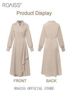 roaiss Ladies Tunic Dress Solid Color Formal Elegant Asymmetrical Pleated Design High Waiste Dress Vintage V-Neck Lapel Long Suit Ankle Length Dress for Women Casual Ramadan Beige  - Image 3