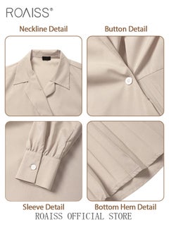 roaiss Ladies Tunic Dress Solid Color Formal Elegant Asymmetrical Pleated Design High Waiste Dress Vintage V-Neck Lapel Long Suit Ankle Length Dress for Women Casual Ramadan Beige  - Image 4