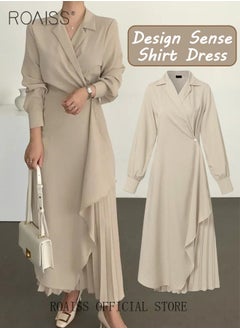 roaiss Ladies Tunic Dress Solid Color Formal Elegant Asymmetrical Pleated Design High Waiste Dress Vintage V-Neck Lapel Long Suit Ankle Length Dress for Women Casual Ramadan Beige  - Image 1