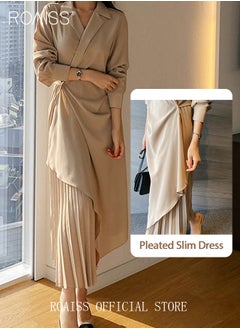 roaiss Ladies Tunic Dress Solid Color Formal Elegant Asymmetrical Pleated Design High Waiste Dress Vintage V-Neck Lapel Long Suit Ankle Length Dress for Women Casual Ramadan Beige  - Image 2