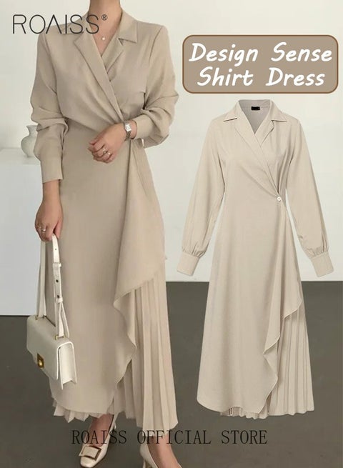 Ladies Solid Color Tunic Dress Ladies Formal Elegant Asymmetrical Pleated Design High Waiste Dress Vintage V-Neck Lapel Long Suit Ankle Length Dress for Women Casual Ramadan Beige