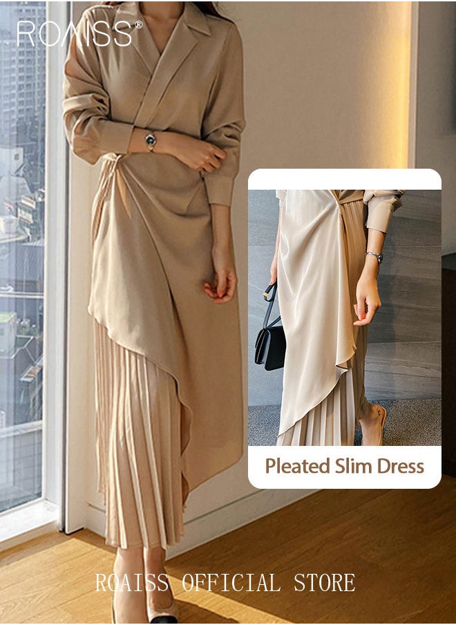 Ladies Tunic Dress Solid Color Formal Elegant Asymmetrical Pleated Design High Waiste Dress Vintage V-Neck Lapel Long Suit Ankle Length Dress for Women Casual Ramadan Beige - https://f.nooncdn.com/p/pzsku/ZCA102B40A8B0E7C48F74Z/45/_/1684463423/62e94edd-3fe4-4888-987b-69197fb1a818.jpg?format=jpg&width=original