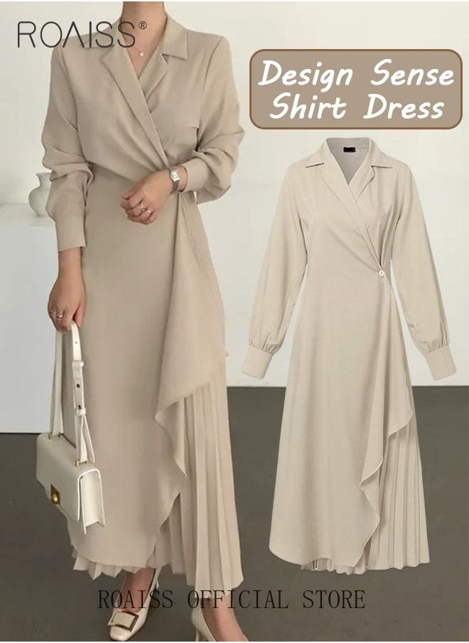 Ladies Tunic Dress Solid Color Formal Elegant Asymmetrical Pleated Design High Waiste Dress Vintage V-Neck Lapel Long Suit Ankle Length Dress for Women Casual Ramadan Beige - https://f.nooncdn.com/p/pzsku/ZCA102B40A8B0E7C48F74Z/45/_/1684490104/ffccc75e-2ec2-4004-a9ab-398ac92b79d9.jpg?format=jpg&width=original