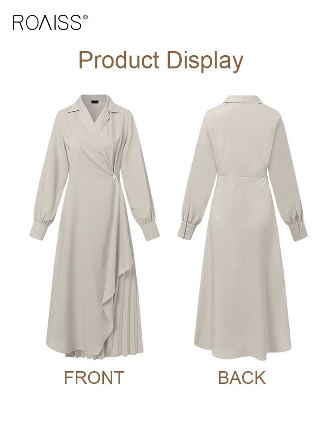 roaiss Ladies Solid Color Tunic Dress, Ladies Formal Elegant Asymmetrical Pleated Design High Waiste Dress, Vintage V-Neck Lapel Long Suit Ankle Length Dress for Women, Suitable for Commuting, Casual, Ramadan, Beige - Image 5