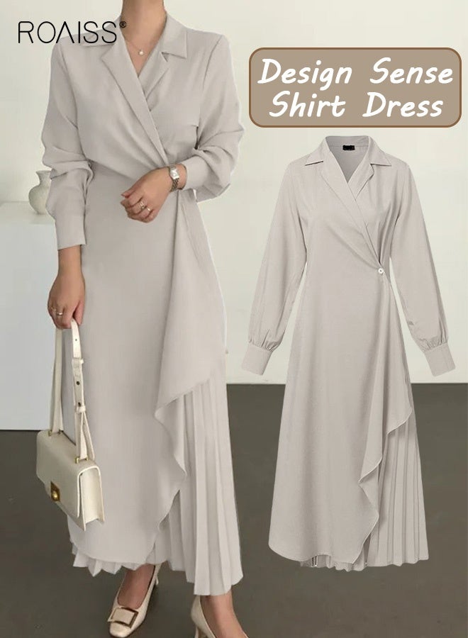 roaiss Ladies Solid Color Tunic Dress, Ladies Formal Elegant Asymmetrical Pleated Design High Waiste Dress, Vintage V-Neck Lapel Long Suit Ankle Length Dress for Women, Suitable for Commuting, Casual, Ramadan, Beige - Image 1
