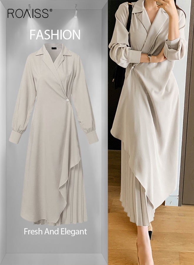 roaiss Ladies Solid Color Tunic Dress, Ladies Formal Elegant Asymmetrical Pleated Design High Waiste Dress, Vintage V-Neck Lapel Long Suit Ankle Length Dress for Women, Suitable for Commuting, Casual, Ramadan, Beige - Image 4