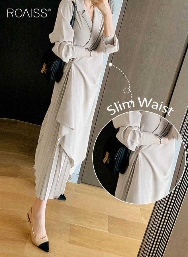 roaiss Ladies Solid Color Tunic Dress, Ladies Formal Elegant Asymmetrical Pleated Design High Waiste Dress, Vintage V-Neck Lapel Long Suit Ankle Length Dress for Women, Suitable for Commuting, Casual, Ramadan, Beige - Image 2