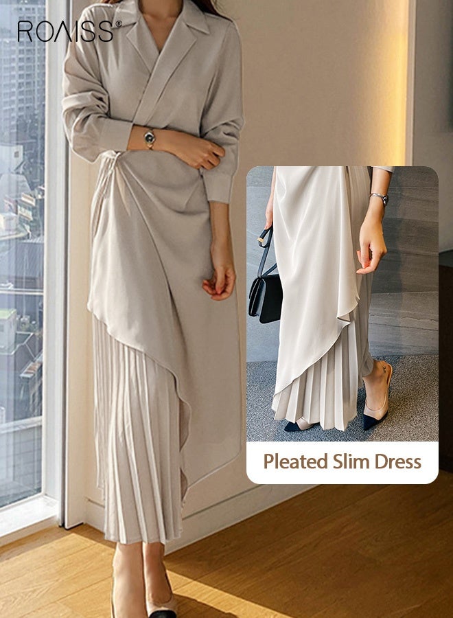 roaiss Ladies Solid Color Tunic Dress, Ladies Formal Elegant Asymmetrical Pleated Design High Waiste Dress, Vintage V-Neck Lapel Long Suit Ankle Length Dress for Women, Suitable for Commuting, Casual, Ramadan, Beige - Image 3