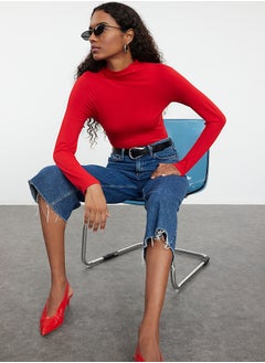 Red High Collar Dart Detailed Fitted Knitted Blouse TWOAW25BZ00027