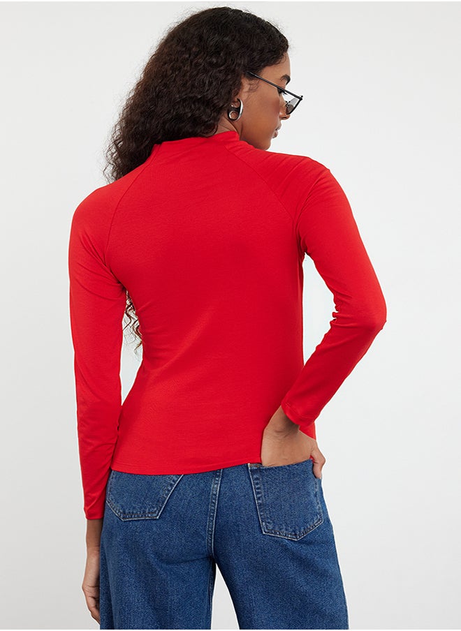 trendyol - Red High Collar Dart Detailed Fitted Knitted Blouse TWOAW25BZ00027 - Image 1