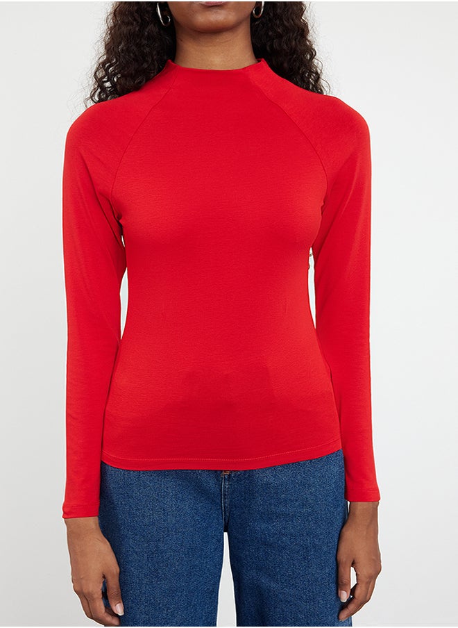 trendyol - Red High Collar Dart Detailed Fitted Knitted Blouse TWOAW25BZ00027 - Image 1