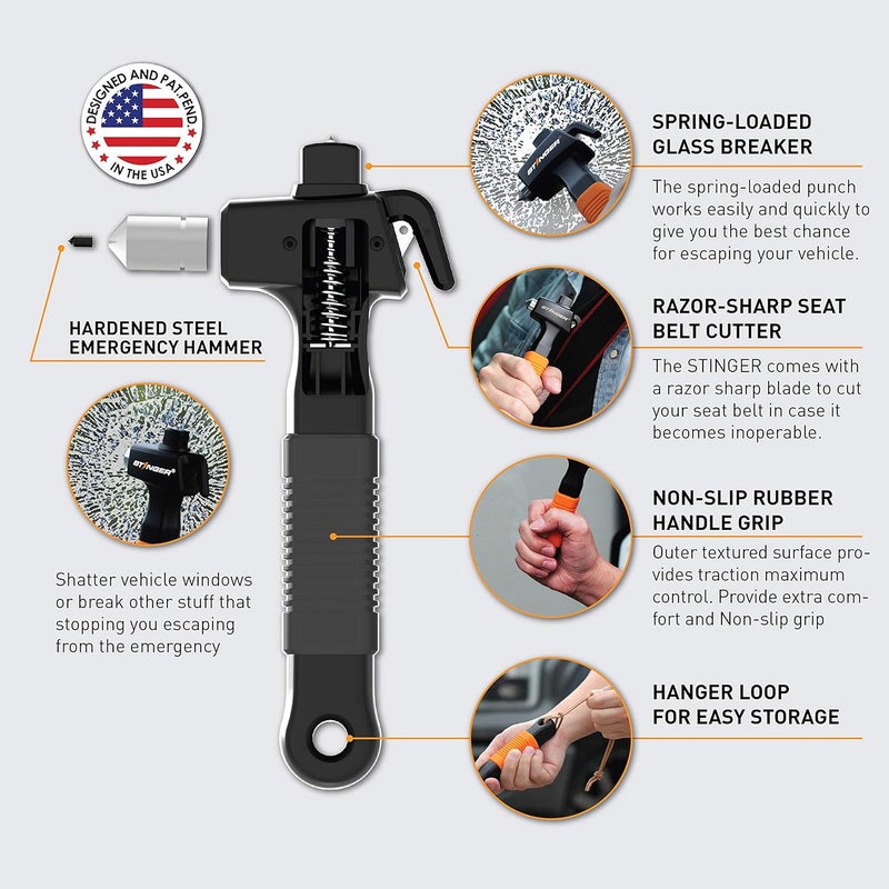 STINGER Super Duty Car Emergency Escape Tool - Hardened Carbon Steel Safety Hammer, Spring-Loaded Window Breaker, Razor-Sharp Seat Belt Cutter, Life-Saving Rescue Tool (Black and Black) - Image 3