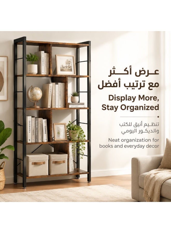 هيكسدريم رف كتب صناعي مفتوح بأربعة أرفف، خزانة كتب ريفية بإطار من الخشب والمعدن، وحدة عرض طويلة قائمة بذاتها مع مساحة تخزين مقسمة، لغرفة المعيشة، غرفة النوم، المكتب المنزلي، لون بني ريفي - Image 4