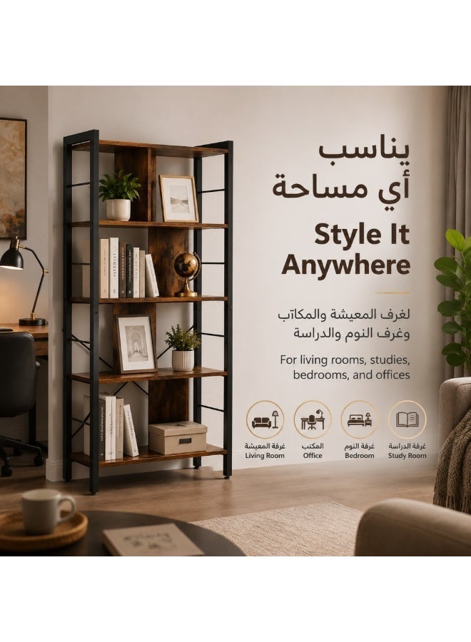 هيكسدريم رف كتب صناعي مفتوح بأربعة أرفف، خزانة كتب ريفية بإطار من الخشب والمعدن، وحدة عرض طويلة قائمة بذاتها مع مساحة تخزين مقسمة، لغرفة المعيشة، غرفة النوم، المكتب المنزلي، لون بني ريفي - Image 3