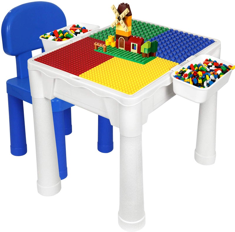 Kiddie Play Building Blocks Table for Kids 7 in 1 Activity Table Set for Toddler with Chair  2 Hanging Storage Boxes Compatible with Building Bricks 