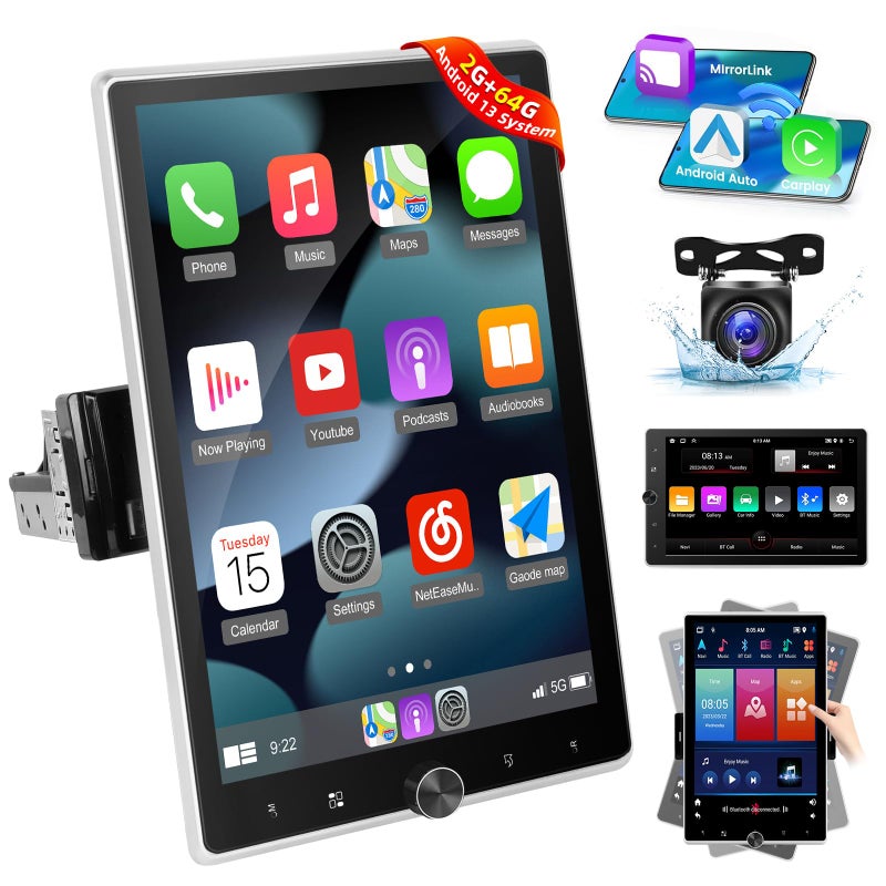 2G64G Android 13 Single Din Vertical Car Stereo Rotatable 104 inch Touch Screen Radio with CarplayAndroid AutoEQ AudioBluetooth 42SWCGPS NavigationFM RDS Radio Backup Camera
