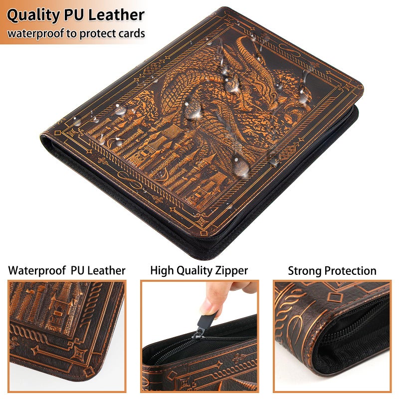 TIANREN Card Binder 9 Pocket, 3D PU Leather Album with Zipper, 360 Side Loading Pockets for TCG, MTG, Lorcana, Other Collectible Cards, Trading Card Game Protective Folder Album (Reddish Brown) - Image 4