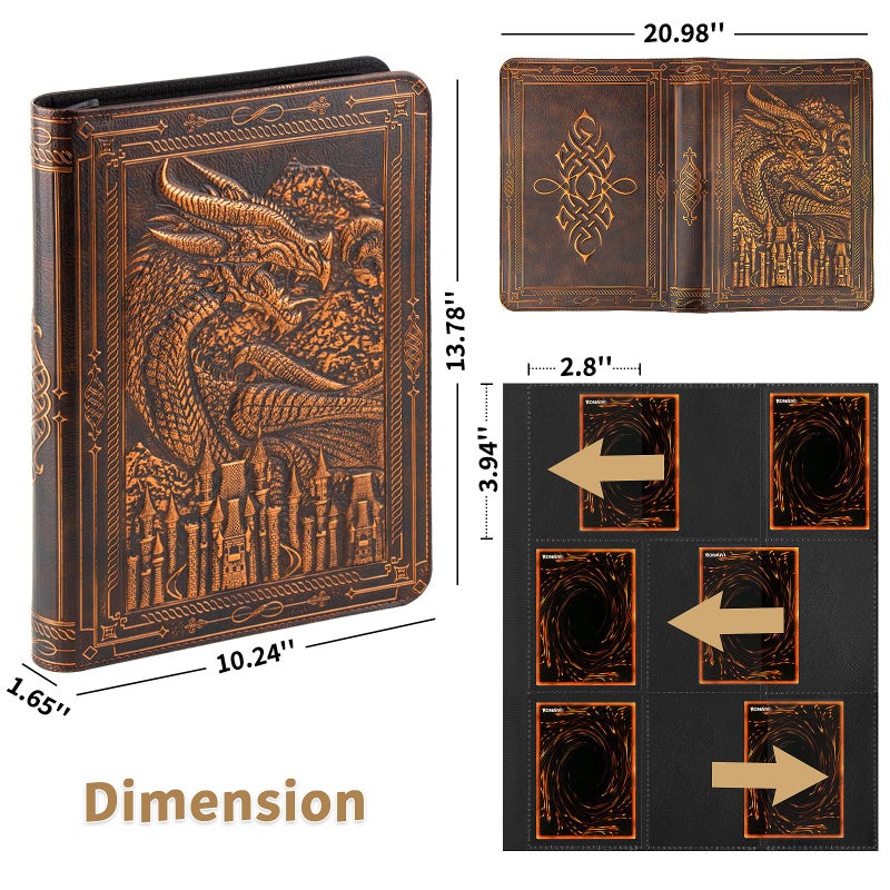 TIANREN Card Binder 9 Pocket, 3D PU Leather Album with Zipper, 360 Side Loading Pockets for TCG, MTG, Lorcana, Other Collectible Cards, Trading Card Game Protective Folder Album (Reddish Brown) - Image 5