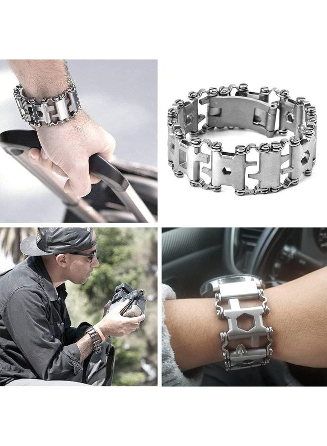 HOKELD Multifunctional Bracelet 29 in 1 Stainless Steel Silver Multifunctional Bracelet Outdoor Multi-tool Bracelet Travel Friendly Wearable Bracelet And a small pry tool  - Image 3