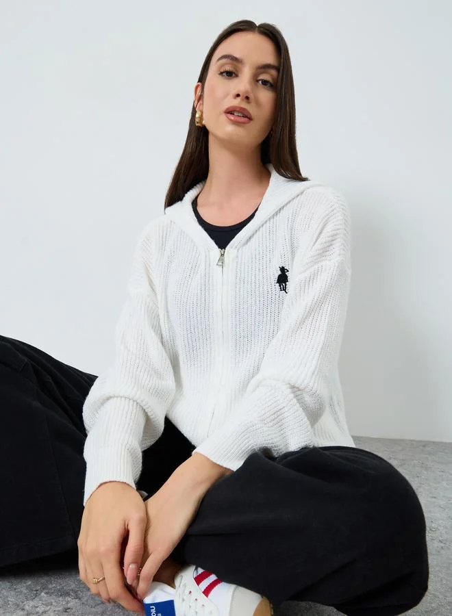 Take Two Take Two White Knit Hooded Cardigan with Zip-Up