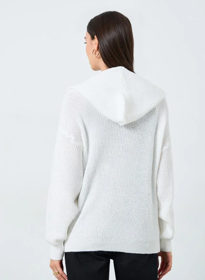 Take Two Take Two White Knit Hooded Cardigan with Zip-Up