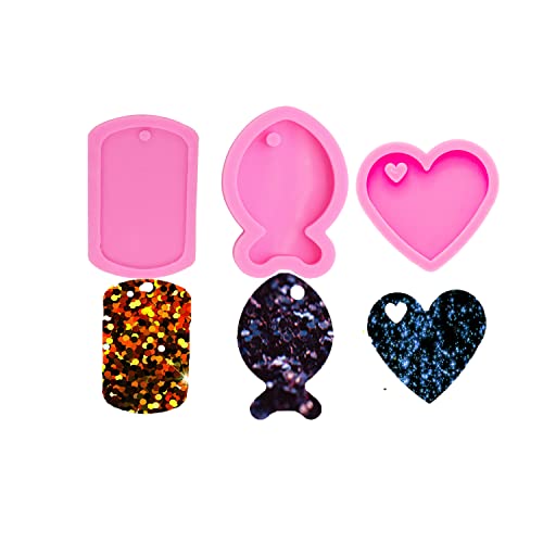 AMZTOART 3pc Glossy Resin Silicone Fish Molds Pet Cat Tag DIY Necklace, Heart Mould Crafts Epoxy Mold with 10PC Key Ring(DY0054+DY0088+DY0405) - Image 3