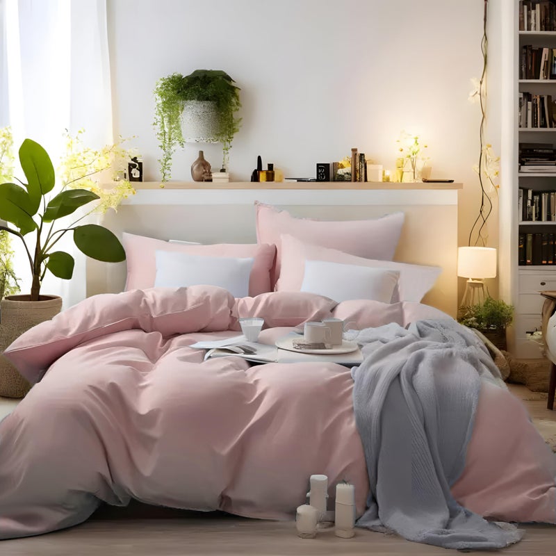 MOHAP Bedding Double Duvet Cover Set 3 PCS Plain Brushed Microfiber Easter Gift Bedding 1 Duvet Cover with 2 Zippers and 2 Pillowcases Pink