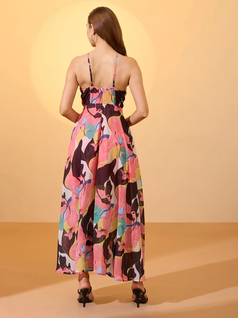 globus Women Multicolour Abstract Print Halter Neck Flared Hem A-Line Resort Maxi Dress