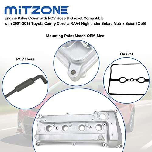 MITZONE Engine Valve Cover with PCV Hose & Gasket Compatible with 2001-2015 Toyota Camry Corolla RAV4 Highlander Solara Matrix Scion tC xB 2.4L Replace 11201-28014 11201-28033 - Image 5