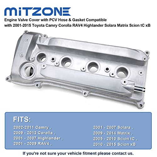 MITZONE Engine Valve Cover with PCV Hose & Gasket Compatible with 2001-2015 Toyota Camry Corolla RAV4 Highlander Solara Matrix Scion tC xB 2.4L Replace 11201-28014 11201-28033 - Image 3