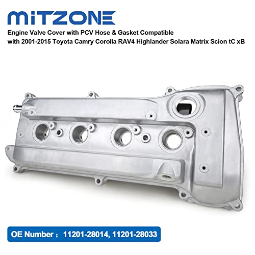 MITZONE Engine Valve Cover with PCV Hose & Gasket Compatible with 2001-2015 Toyota Camry Corolla RAV4 Highlander Solara Matrix Scion tC xB 2.4L Replace 11201-28014 11201-28033 - Image 2