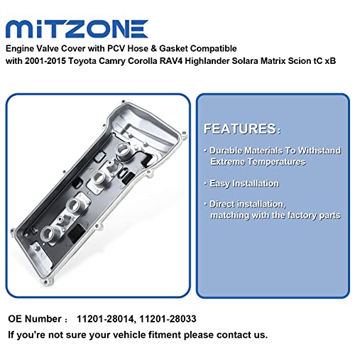 MITZONE Engine Valve Cover with PCV Hose & Gasket Compatible with 2001-2015 Toyota Camry Corolla RAV4 Highlander Solara Matrix Scion tC xB 2.4L Replace 11201-28014 11201-28033 - Image 4