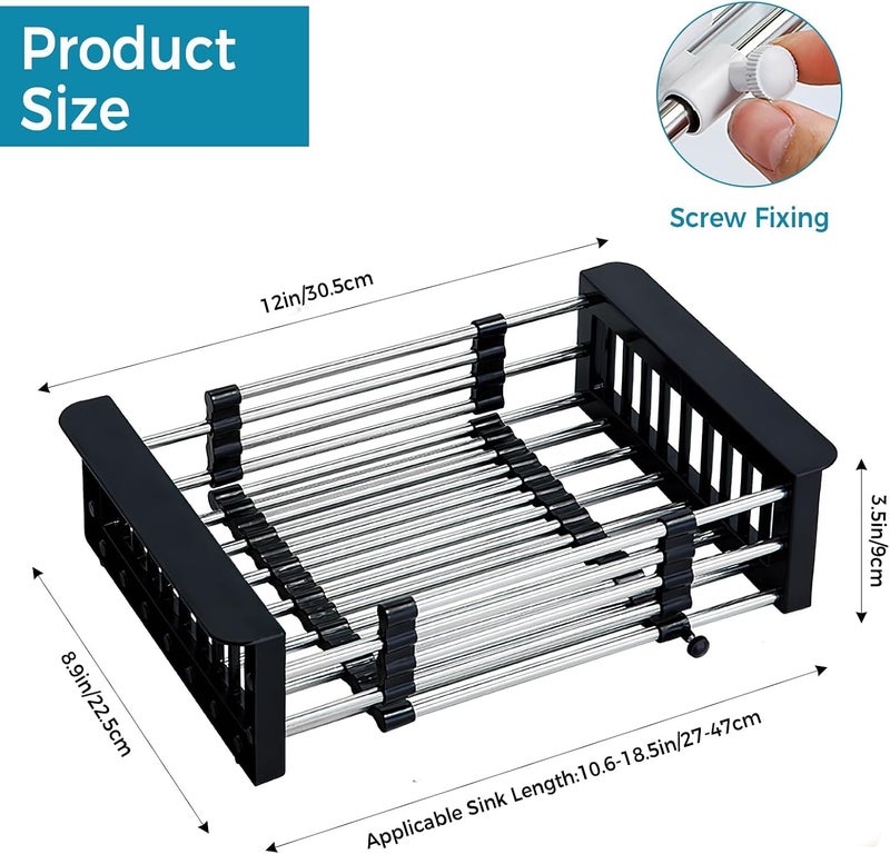 COVRA Over Sink Dish Drying Rack, Stainless Steel Drainer for 11"-19" Sinks, Kitchen Countertop Organizer for Dishes, Vegetables, and Fruits (Black) - Image 2
