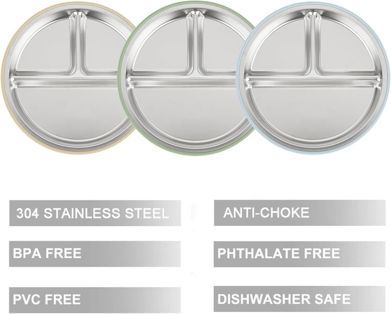 PandaEar 3 Pack Stainless Steel Baby Suction Plates Divided Toddler Plate for Baby Led Weaning Supplies NonSlip Toddler Baby Feeding Set Dishwasher Safe BlueGreenBrown - Image 5