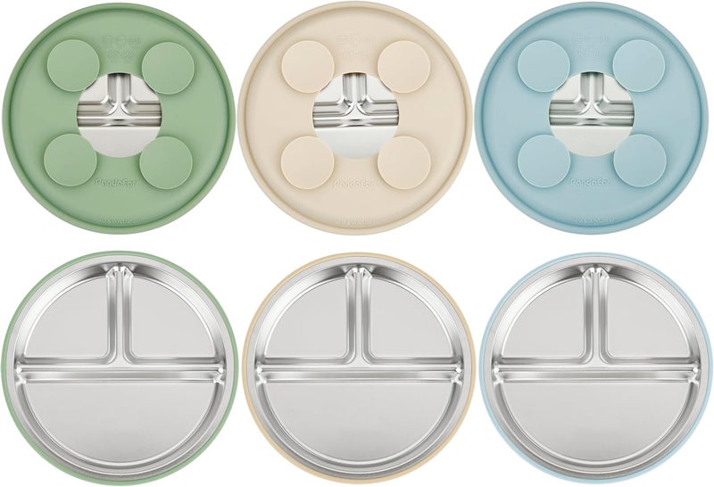 PandaEar 3 Pack Stainless Steel Baby Suction Plates Divided Toddler Plate for Baby Led Weaning Supplies NonSlip Toddler Baby Feeding Set Dishwasher Safe BlueGreenBrown - Image 1