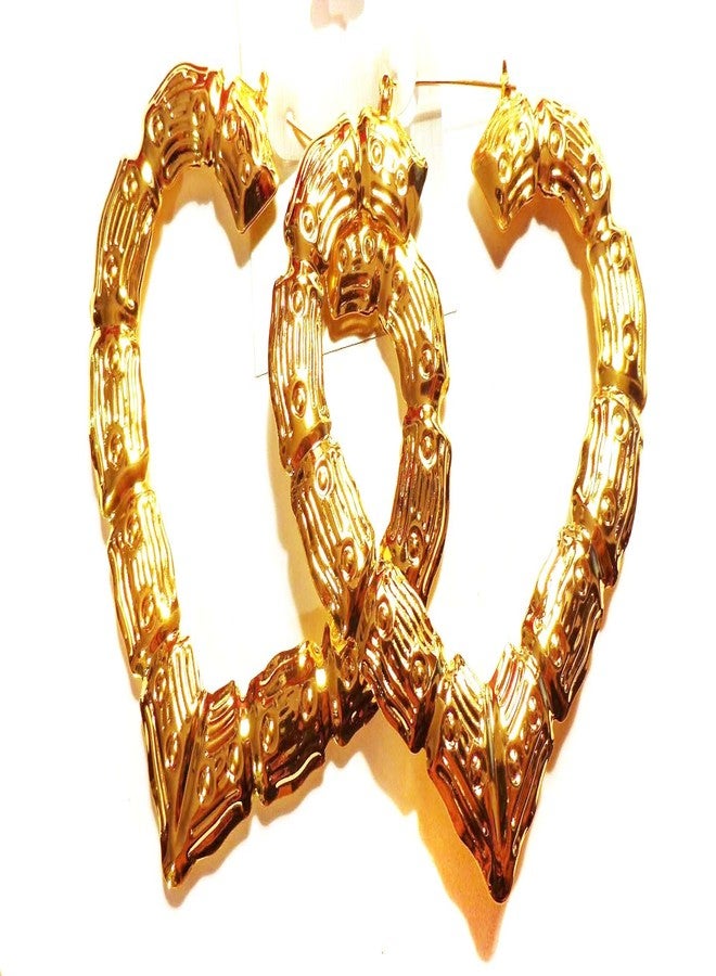 Divas Diggables Large Bamboo Heart Hoop Earrings Gold Tone Earrings 3.5 Inch - Image 1