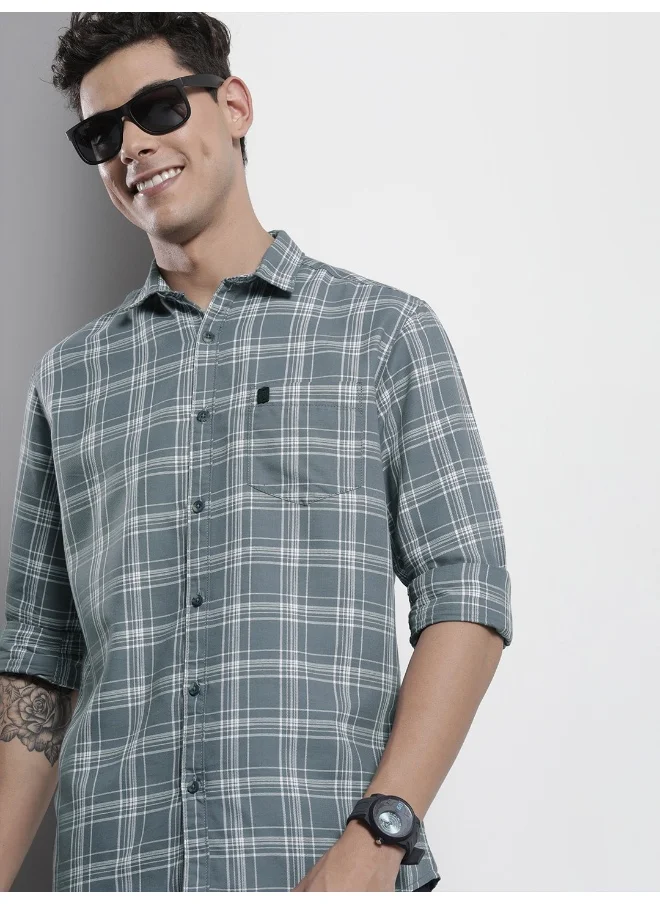 شركة المرآب الهندية Grey Regular Fit Casual Checkered Shirt