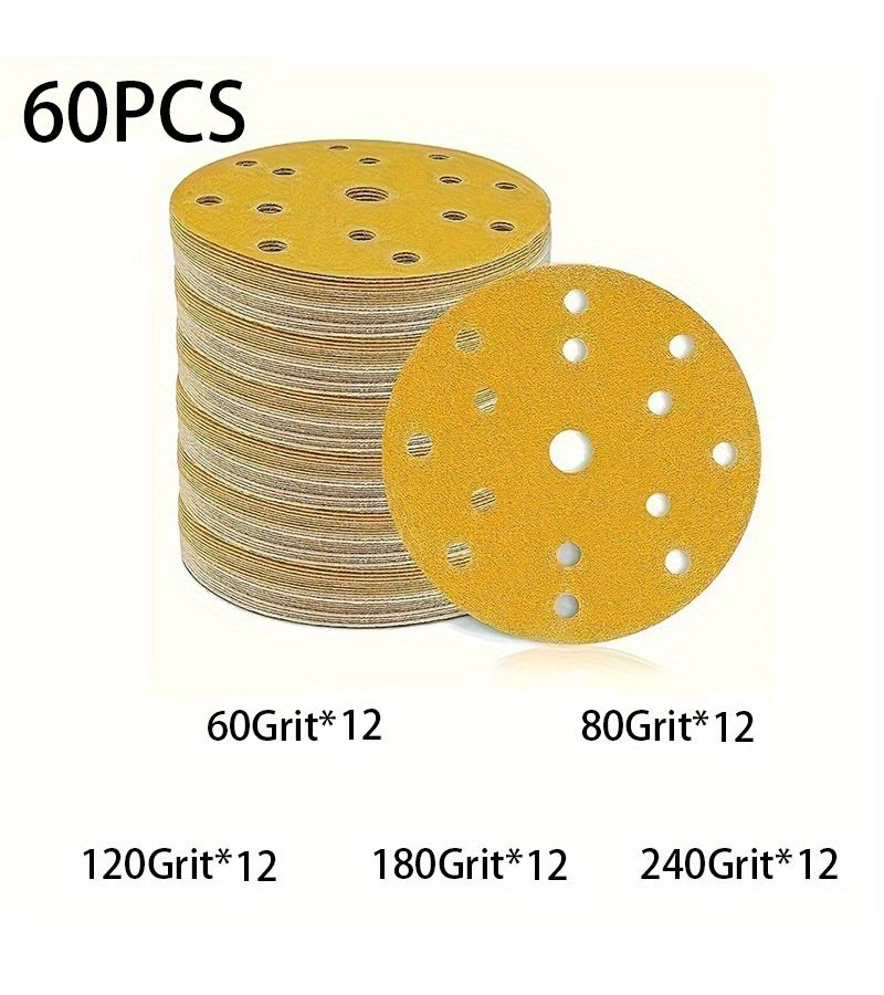 60pcs 150mm Sandpaper 60 Grit 6 Inch Diameter 15 Holes For Random Orbital Sanders And Vibrating Tools - Image 1