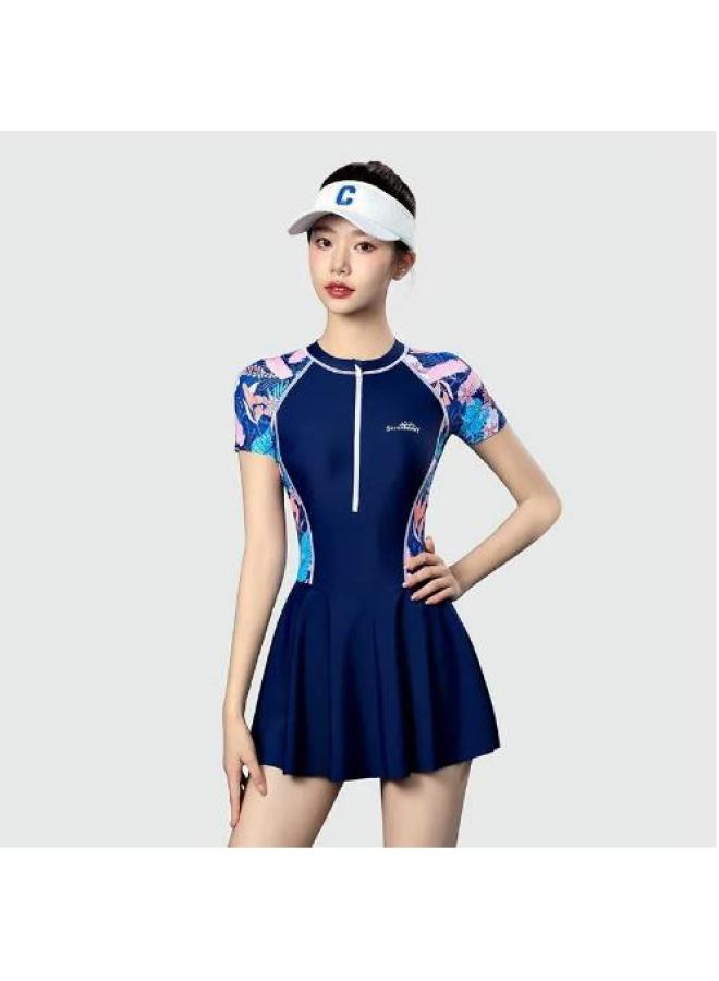 Generic Swimsuit Women's Hot Spring 2023 Hot Style Fashion Sports Internet Popular Style Conservative Slim Special One-piece Skirt Swimsuit-Color:14130 Navy Blue Leaves- - Image 1