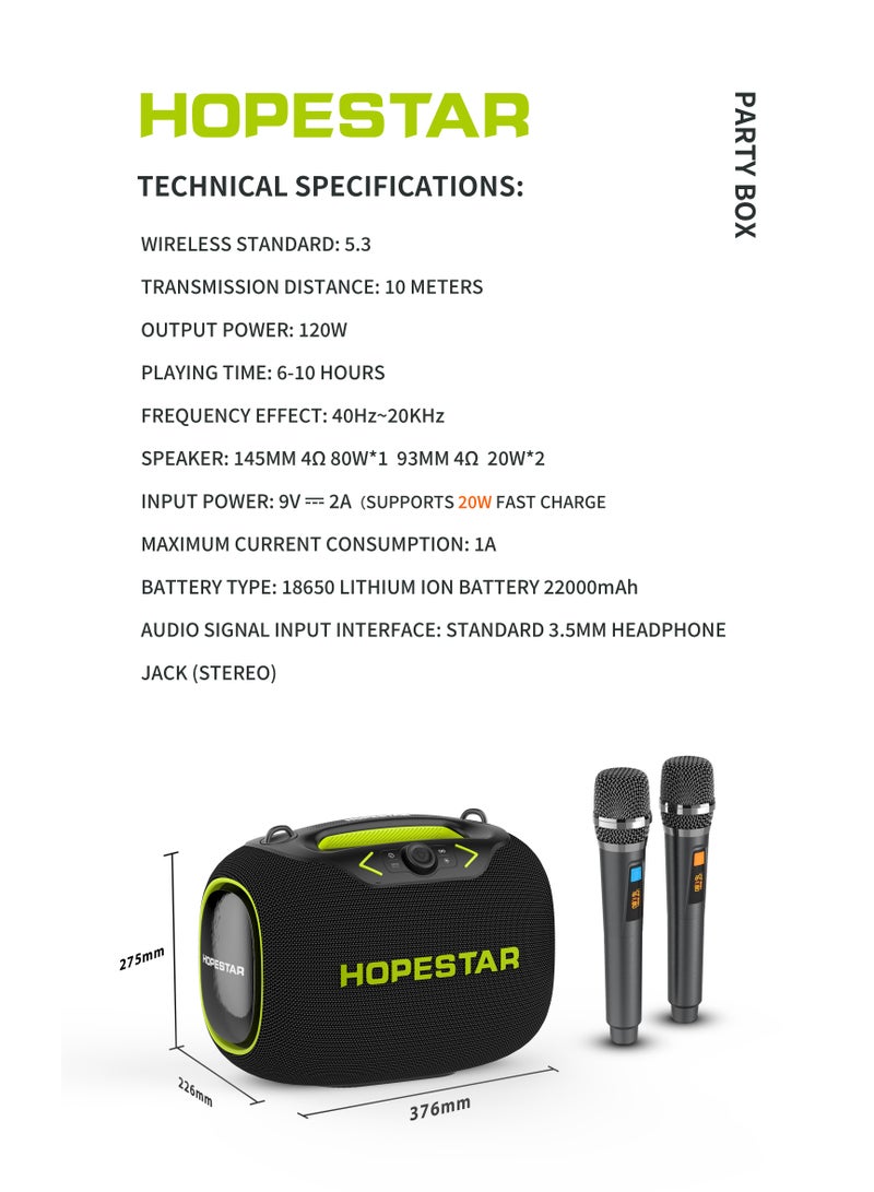 HOPESTAR Party Box 120W Portable Bluetooth Speaker with Dual Wireless Microphones, 200W Fast Charging, IPX6 Waterproof, DSP Chip, 10-Hour Playtime, RGB Lights – Ideal for Outdoor, Karaoke, and Family Gatherings - Image 4