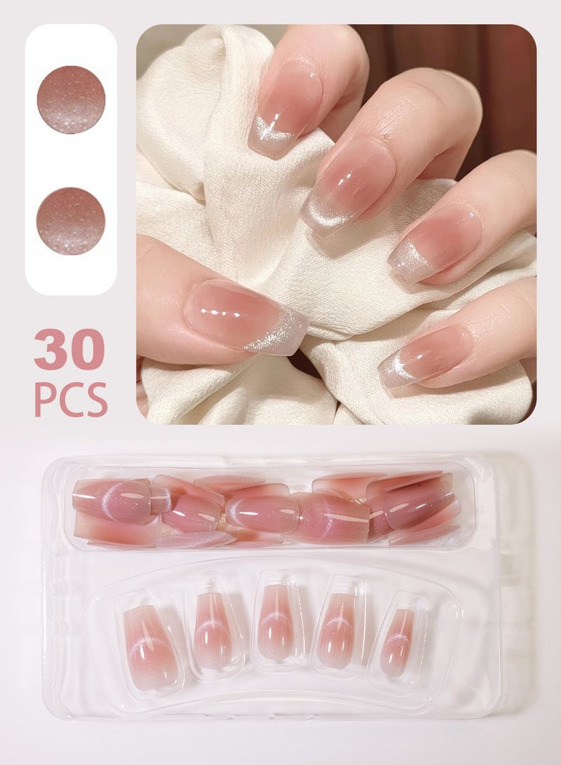 30 pcs Press On Nails Short Cat Eye Natural Fit Fake Nails – Woman and Girl False Nails  With Removable False Nail Art Patches - Image 2