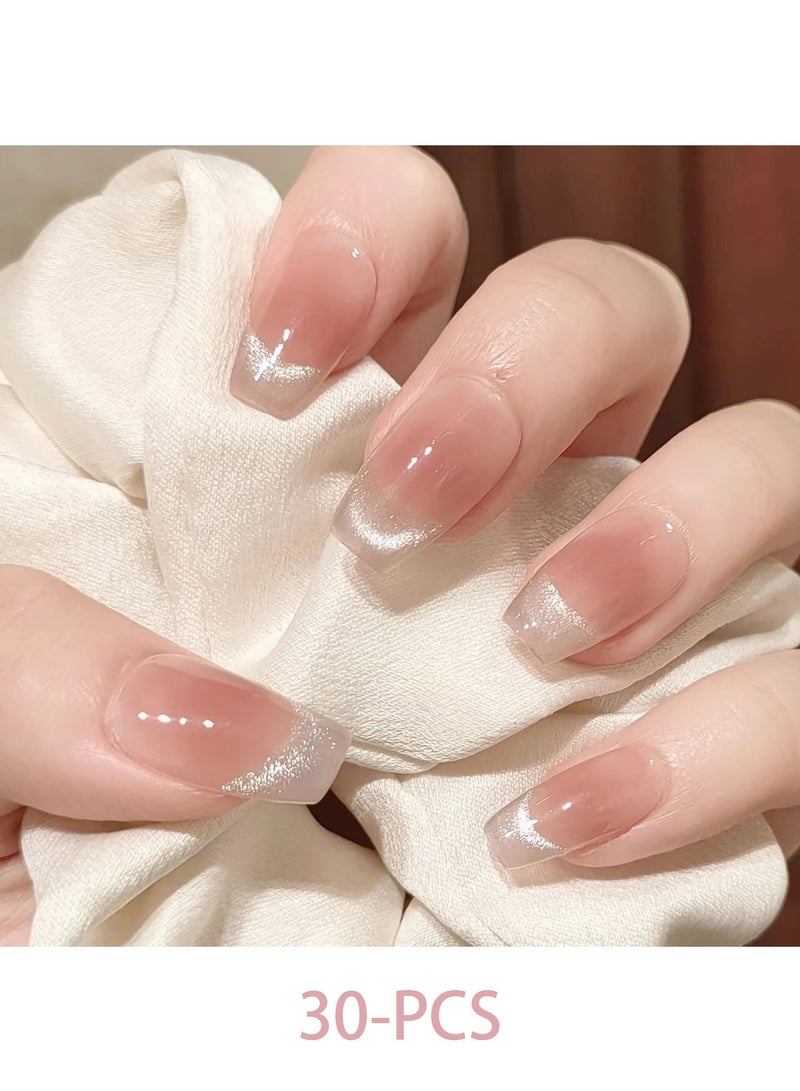 30 pcs Press On Nails Short Cat Eye Natural Fit Fake Nails – Woman and Girl False Nails  With Removable False Nail Art Patches - Image 1