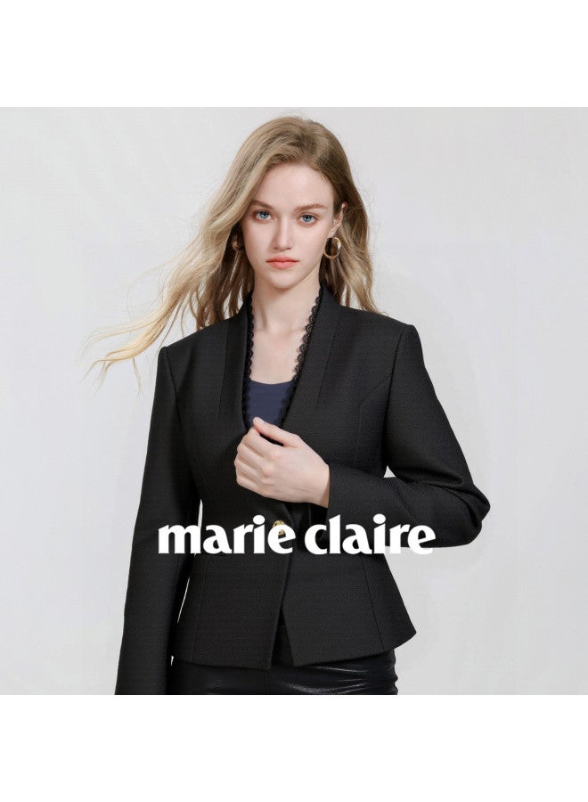 Marie Claire V-neck Fashionable Women's Suit Jacket 2025 Autumn New High-end Sense Temperament Lace Trim Long Sleeve Jacket - Image 5