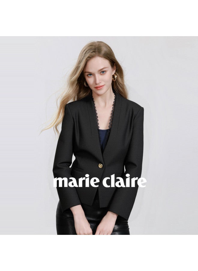 Marie Claire V-neck Fashionable Women's Suit Jacket 2025 Autumn New High-end Sense Temperament Lace Trim Long Sleeve Jacket - Image 3