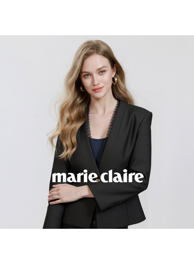 Marie Claire V-neck Fashionable Women's Suit Jacket 2025 Autumn New High-end Sense Temperament Lace Trim Long Sleeve Jacket - Image 2