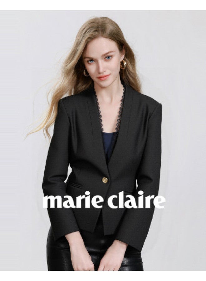 Marie Claire V-neck Fashionable Women's Suit Jacket 2025 Autumn New High-end Sense Temperament Lace Trim Long Sleeve Jacket - Image 1