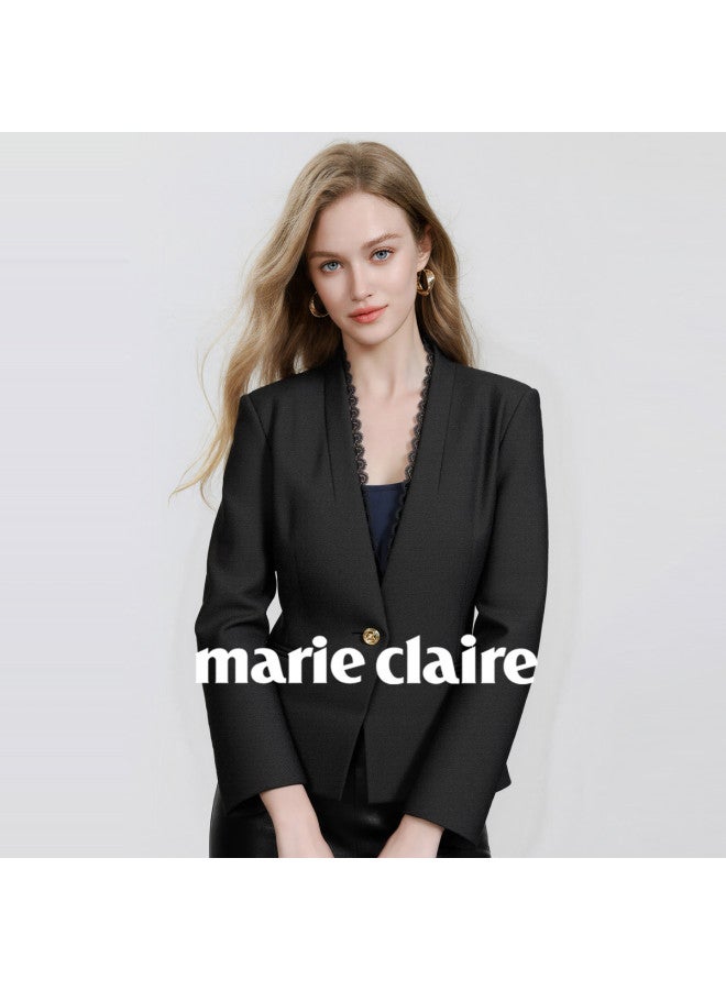 Marie Claire V-neck Fashionable Women's Suit Jacket 2025 Autumn New High-end Sense Temperament Lace Trim Long Sleeve Jacket - Image 4